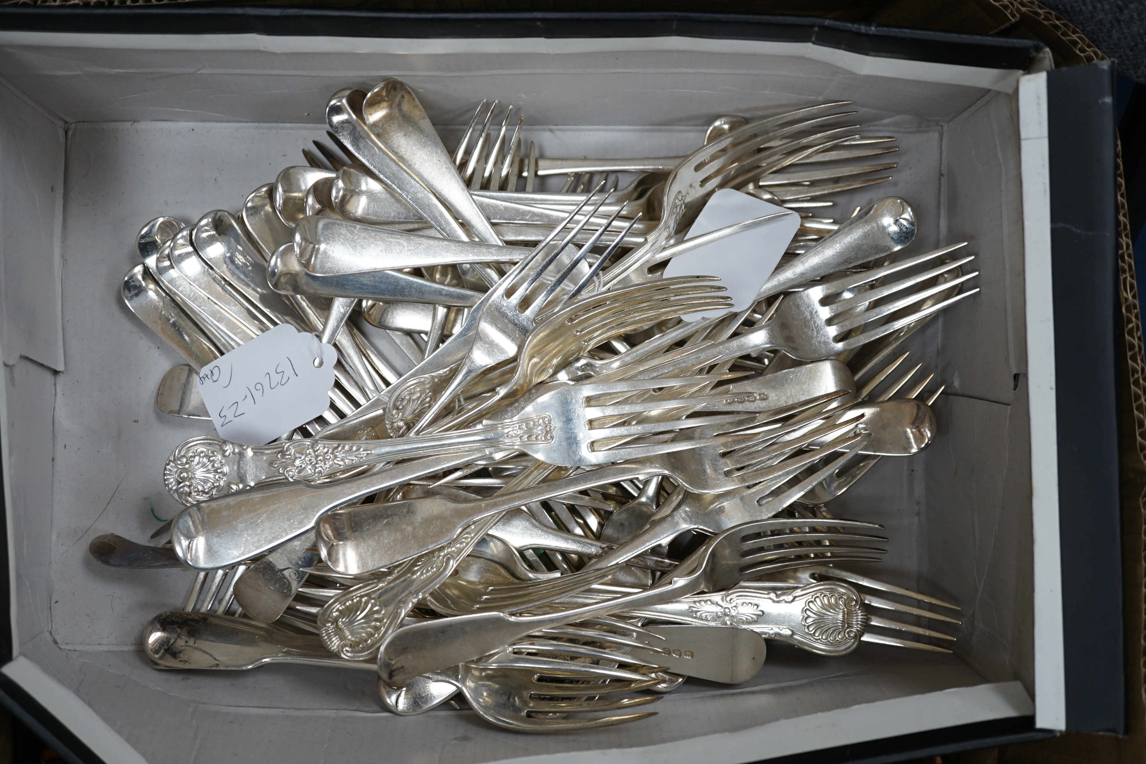 A harlequin collection of 19th century silver Old English pattern table forks, various dates and makers including set of ten by William Ellerby, London, 1804, thirty eight in total, together with sixteen similar fiddle p